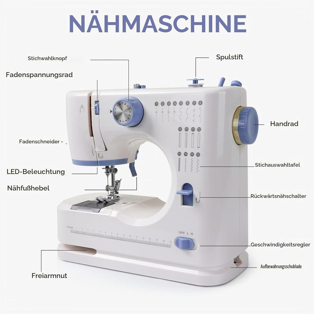 Nähmaschine für Anfänger und Kinder, Qoosea 16 Stichmuster Overlock Nähmaschine Einfach zu Bedienen,