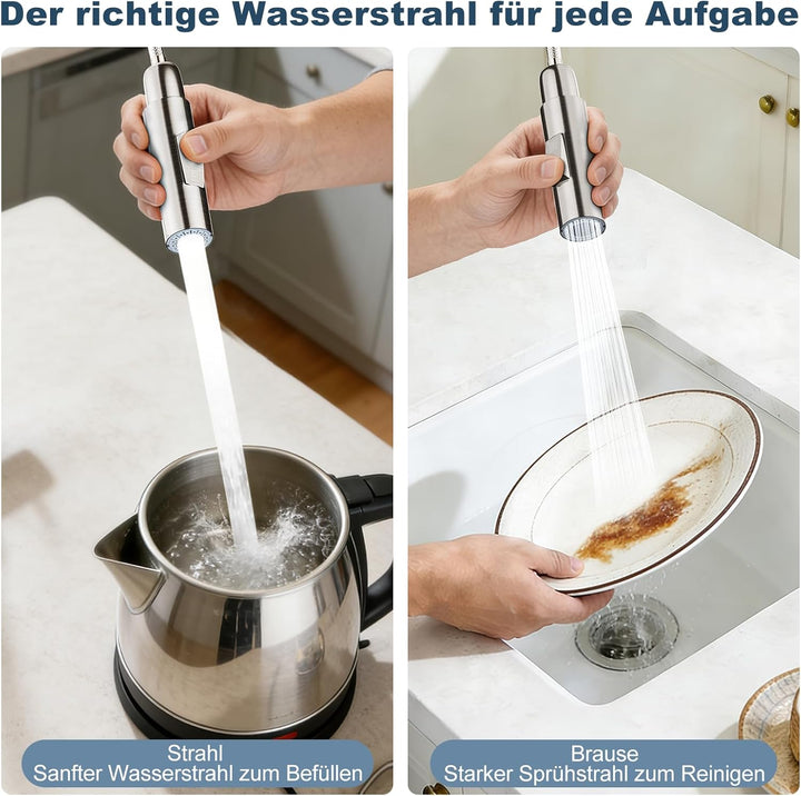 Wasserhahn Küche, Lagontap Elegante Hochdruck Küchenarmatur mit Herunterziehbarer Brause, Zwei Sprüh