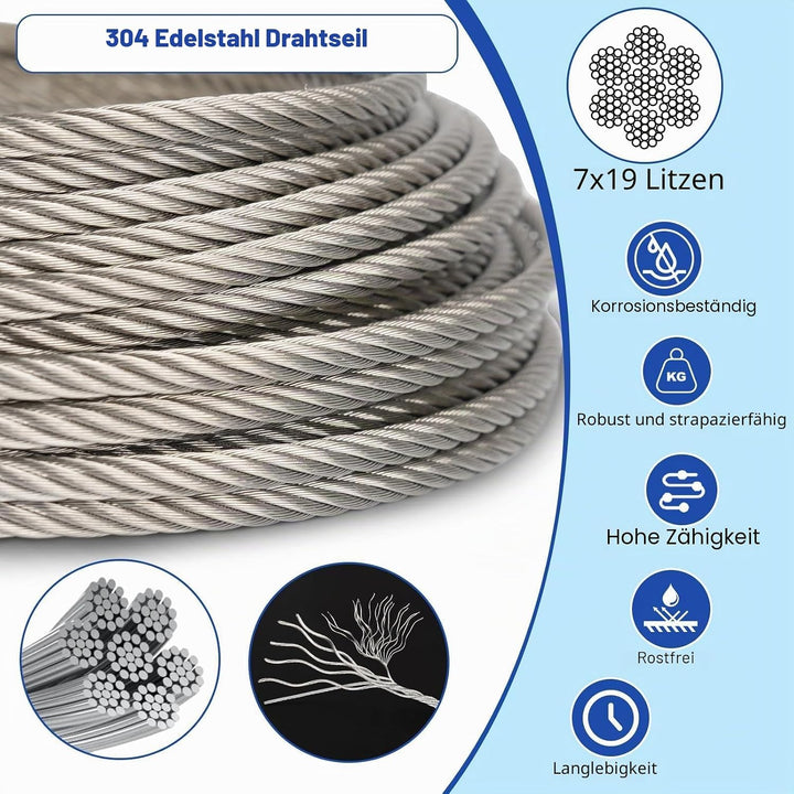 TooTaci 5mm Drahtseil, 15M/5mm Edelstahlkabel mit Quetschhülse und Stahlspleiss, 7x19 Litzen Flugzeu