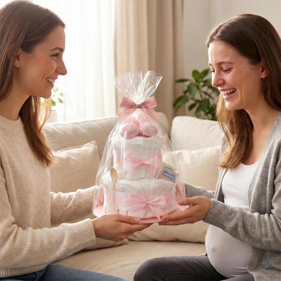 Windeltorte 2 stöckig in Rosa mit Babysocken für Mädchen, Pinkelparty Geschenke zur Geburt, Taufe od