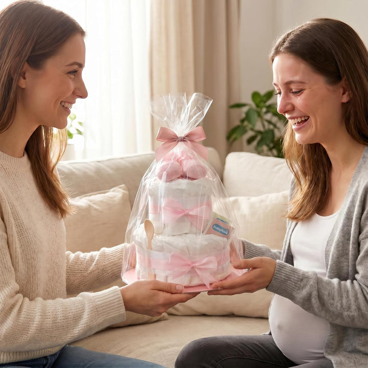 Windeltorte 2 stöckig in Rosa mit Babysocken für Mädchen, Pinkelparty Geschenke zur Geburt, Taufe od