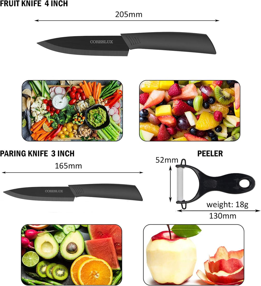 CORESLUX Keramikmesser Set, 4 Keramik Küchenmesser Set mit 1 Sparschäler, Antihaftbeschichtet, Schar