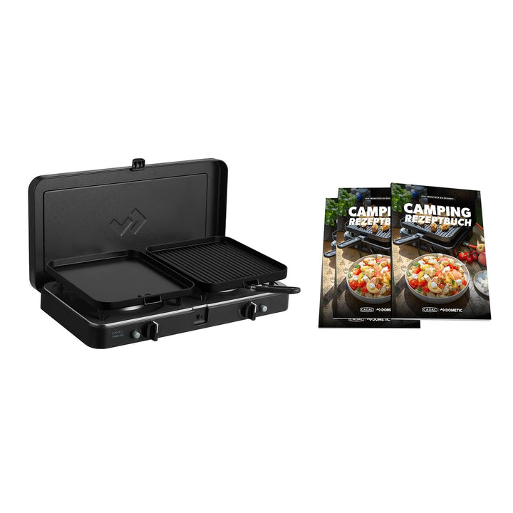 CADAC - 2 Cook 3 Turbo Deluxe und Camping-Kochbuch - Gas Tischgrill mit 2 Brennern und Rezeptbuch -