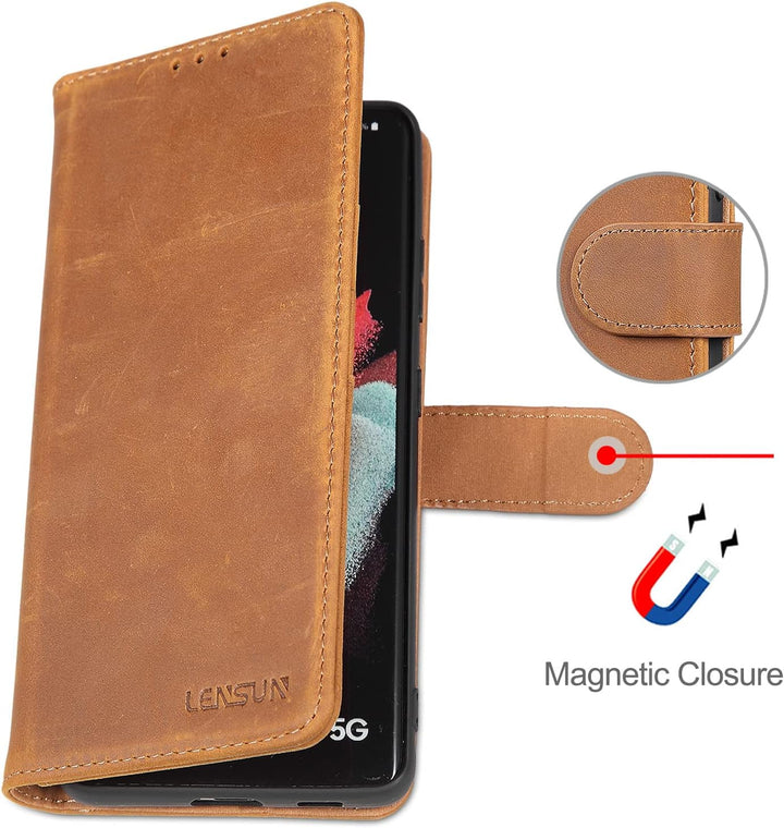 LENSUN Echtleder Hülle für Samsung Galaxy S21 Ultra, Handyhülle [Echtes Leder][Magnetverschluss][RFI