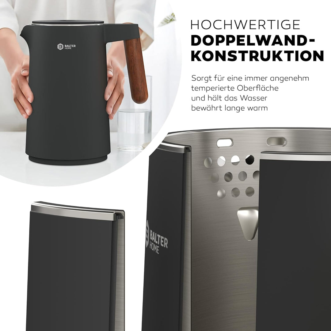 BALTER Edelstahl Wasserkocher mit Temperatureinstellung, 45°C-100°C, Doppelwand, BPA frei, leise & k