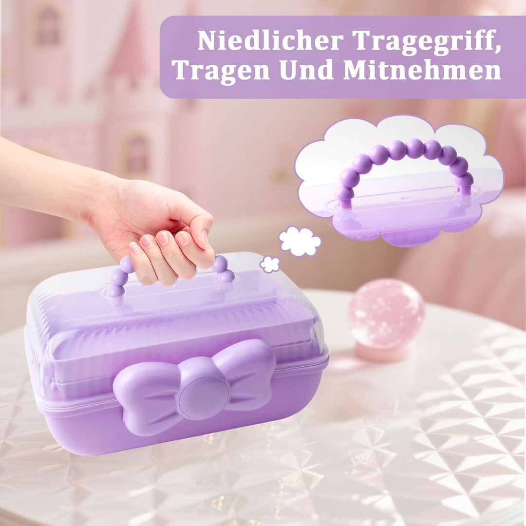 3 Etagen Schmuckbox Kinder, Haarschmuck Aufbewahrung Lila mit transparentem Deckel, 180 Grad Öffnung