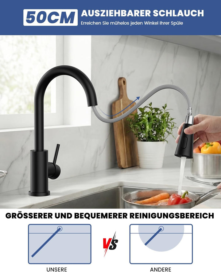 DAYONE Niederdruck Armatur Küche Schwarz, Küchenarmatur Ausziehbar mit 3 Strahlarten, Edelstahl Misc