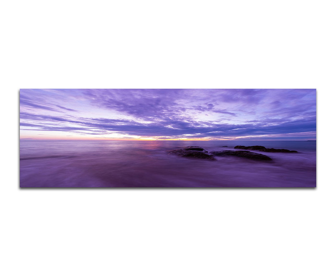 Paul Sinus Art Panoramabild auf Leinwand und Keilrahmen 150x50cm Meer Steine Wolken Sonnenuntergang