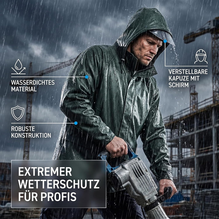 NEO TOOLS Herren Regenset, Regenmantel mit Kapuze und Regenhose, Gr. M-XXXL, verklebte Nähte, Reissv