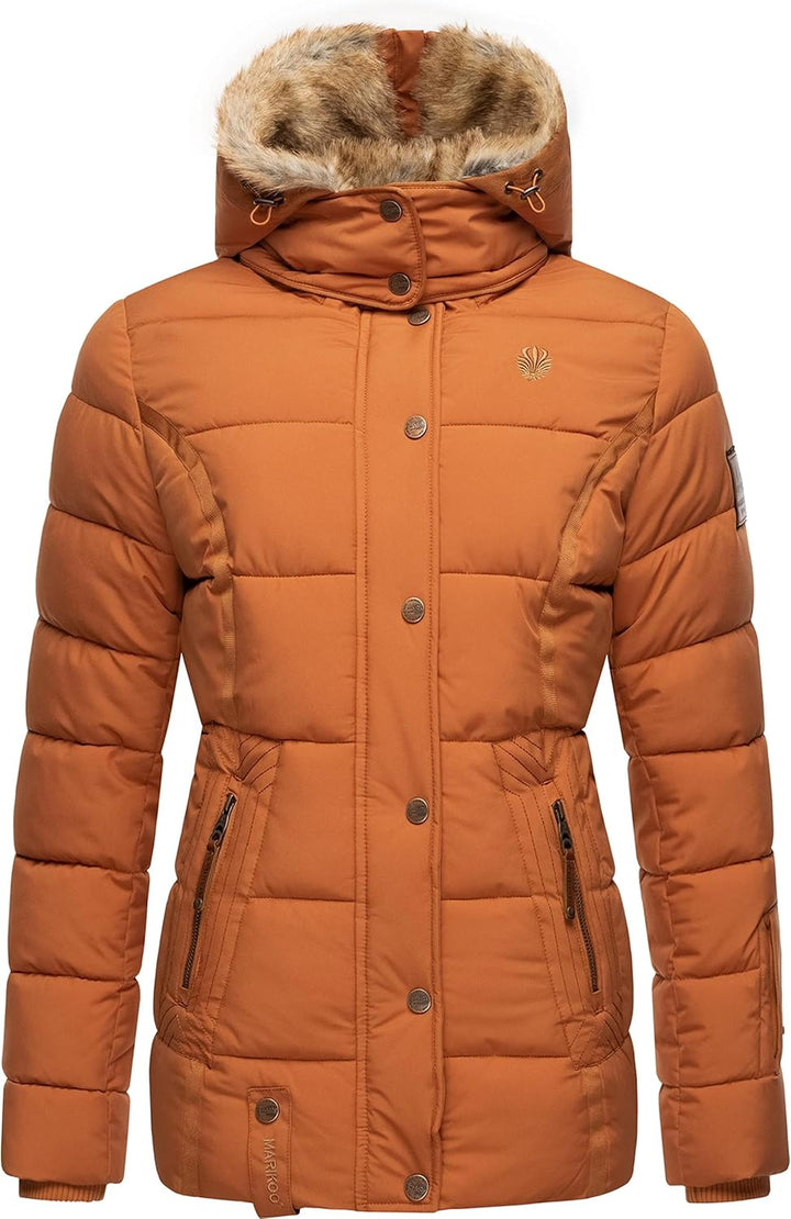 MARIKOO Damen Winterjacke warme Steppjacke mit Kunstfell Innenfutter Nekoo XS-3XL S Rusty Cinnamon,