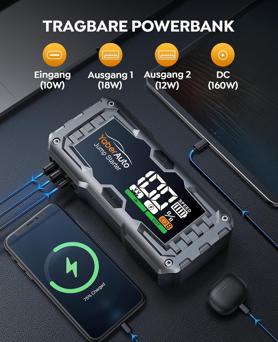 YaberAuto Starthilfe Powerbank, 4000A 21800mAh Auto Starthilfe Powerbank für 10,0L Benzin / 9,0L Die