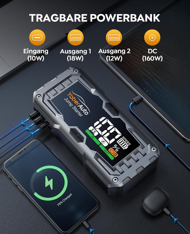 YaberAuto Starthilfe Powerbank, 4000A 21800mAh Auto Starthilfe Powerbank für 10,0L Benzin / 9,0L Die