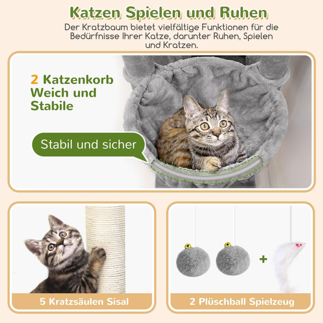 Globlazer Kratzbaum Grosse hoch 188 cm mit 2 Grosser Katzenhaus, Gepolsterte Plattform, 2 Katzenkorb