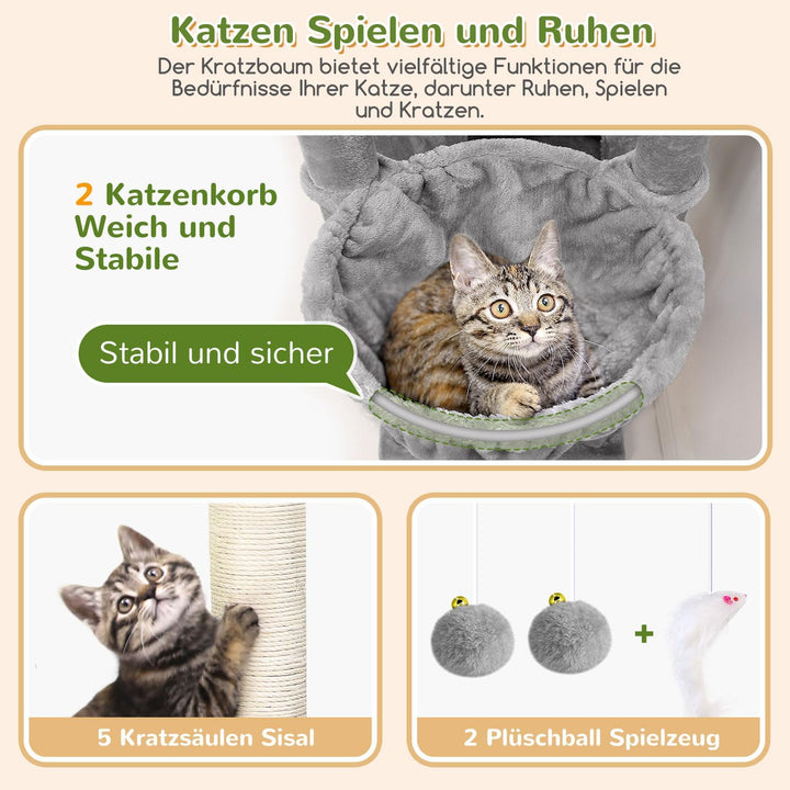 Globlazer Kratzbaum Grosse hoch 188 cm mit 2 Grosser Katzenhaus, Gepolsterte Plattform, 2 Katzenkorb