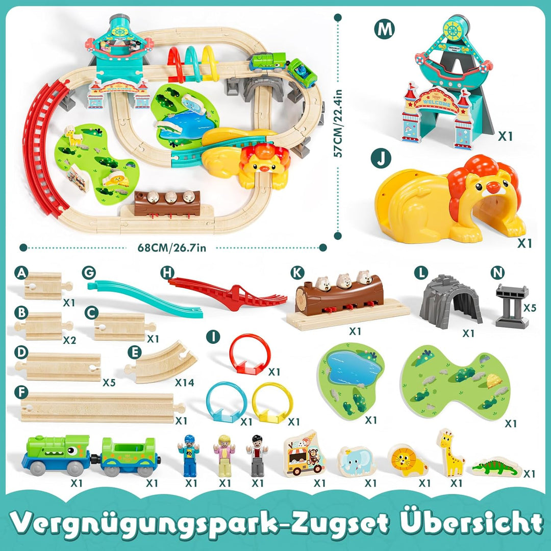 Lehoo Castle Holzeisenbahn, Dinosaurier Lokomotive, Freizeitpark Holz Eisenbahn Kinder mit Löwentunn