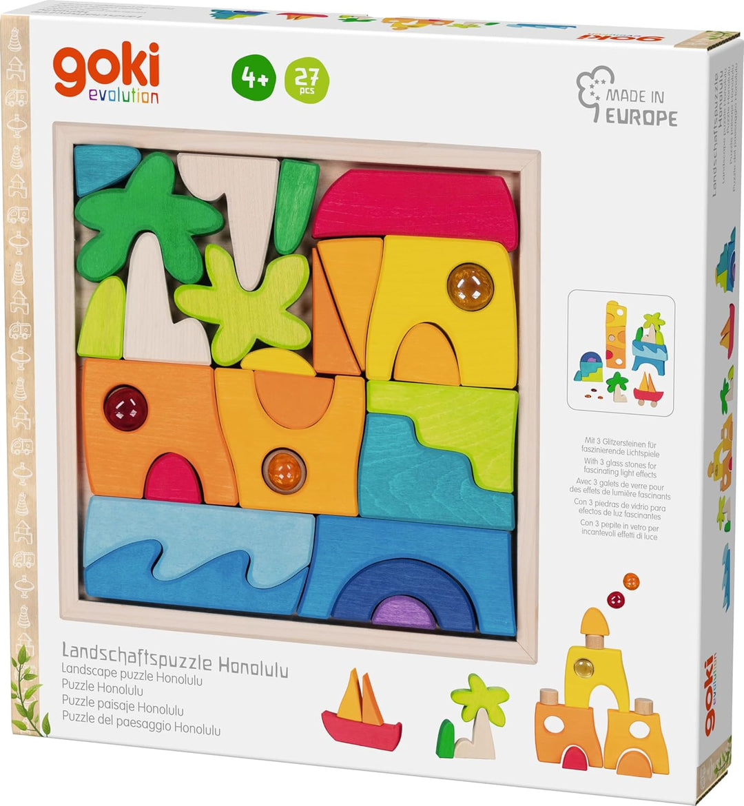 goki 58343 - Landschaftspuzzle Honolulu mit 3 Glitzersteinen - aus hochwertigem Ahornholz - goki Evo