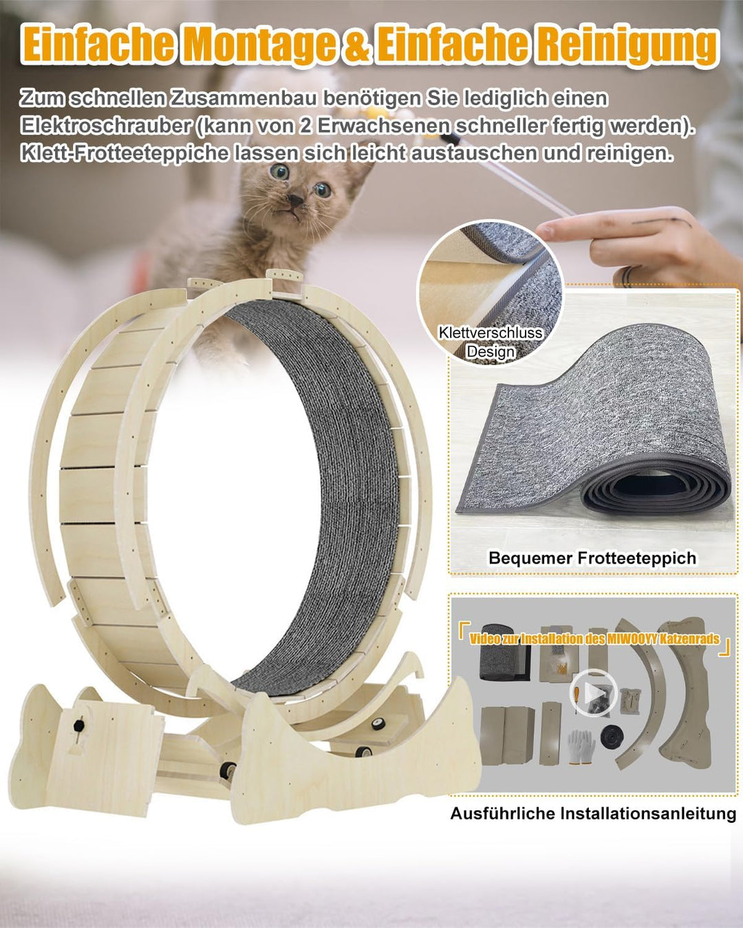 MIWOOYY Grosses Katzen-Laufrad 101,6 cm – natürliches Massivholz, Sicherheits-Laufband mit Schloss u