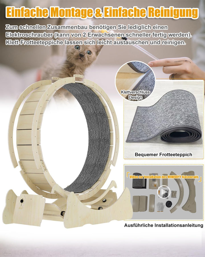 MIWOOYY Grosses Katzen-Laufrad 101,6 cm – natürliches Massivholz, Sicherheits-Laufband mit Schloss u