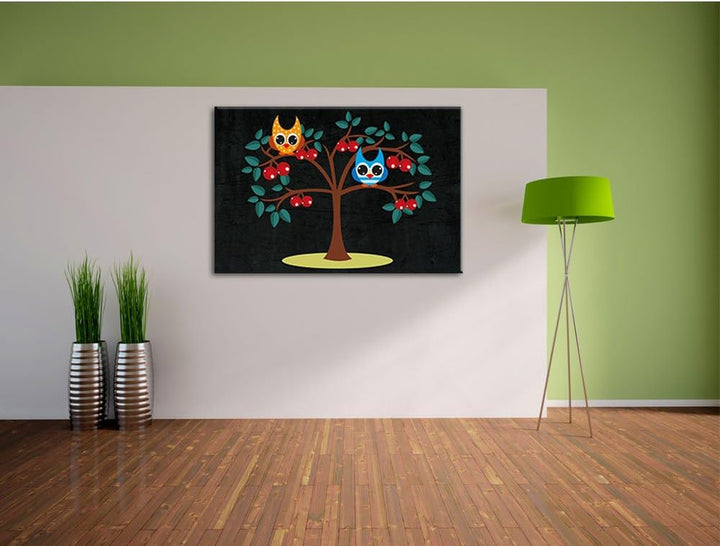 Pixxprint Niedliche Eulen auf Kirschbaum als Leinwandbild/Grösse: 100x70 / Wandbild/Kunstdruck/ferti