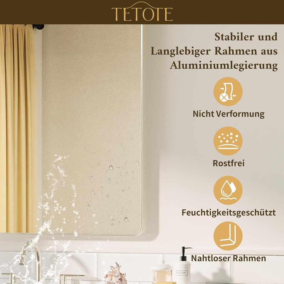 TETOTE 152x90cm Wandspiegel Nickel Ohne Beleuchtung, Rechteckig Badspiegel mit Runder Ecke, Metallra