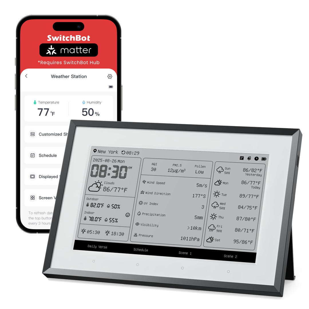 SwitchBot Smartes E-Ink-Home-Dashboard, 7,5" kabelloser Monitor für Innen-/Aussentemperatur und Luft