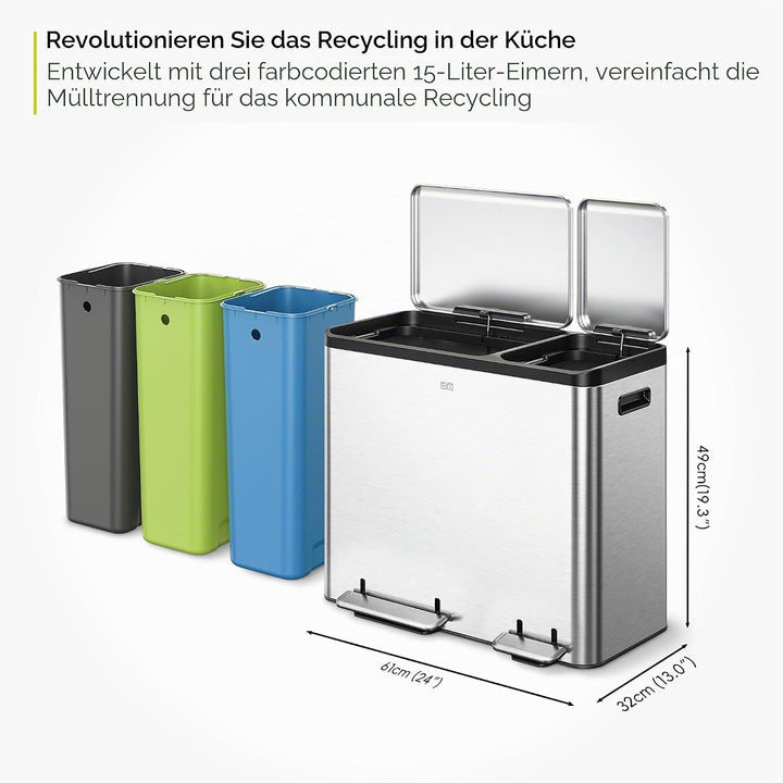 EKO Ecocasa Tretmülleimer Mülltrennsystem 3 x 15L (32.1 x 60.5 x 49.2 cm, Dämpfer-System, Fingerabdr