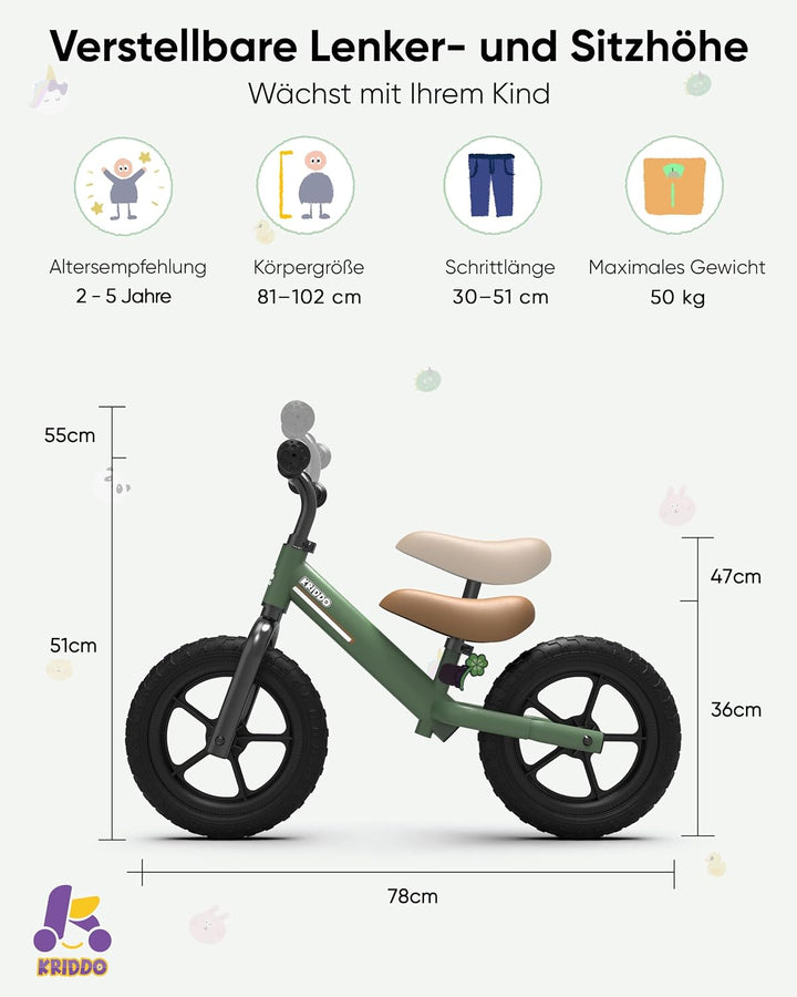 KRIDDO Laufrad ab 2 Jahren, Balancefahrrad für Kinder von 2-5 Jahren, Dual-Lager für sanftes Fahren,