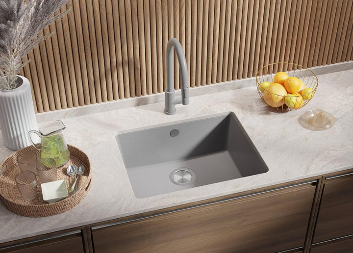 Unterbauspüle Granit Grau 56x44cm, Spülbecken 1 Becken + Ablauf-Set + Küchenarmatur, Granitspüle ab