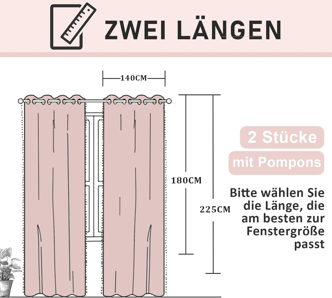 Treatmentex Blickdicht Vorhang mit Pompons Rosa Vorhang mit Ösen Landhausstil Wärmeisoliert Thermovo