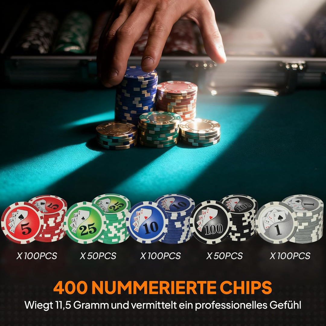 SPORTNOW Pokerkoffer Pokerset, Poker Komplett Set mit 400 Chips, 11,5 Gramm, 2 Kartendecks, 5 Würfel