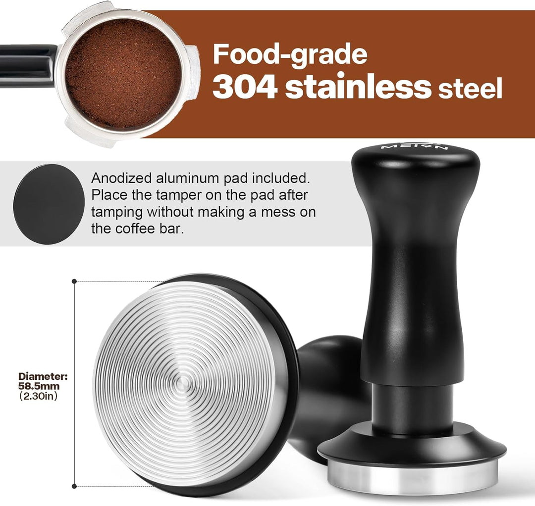 MEION Espresso Tamper 58,5mm, Kaffee Tamper, auf 30 lbs Anpressdruck kalibiriert, Dual Federbelastet