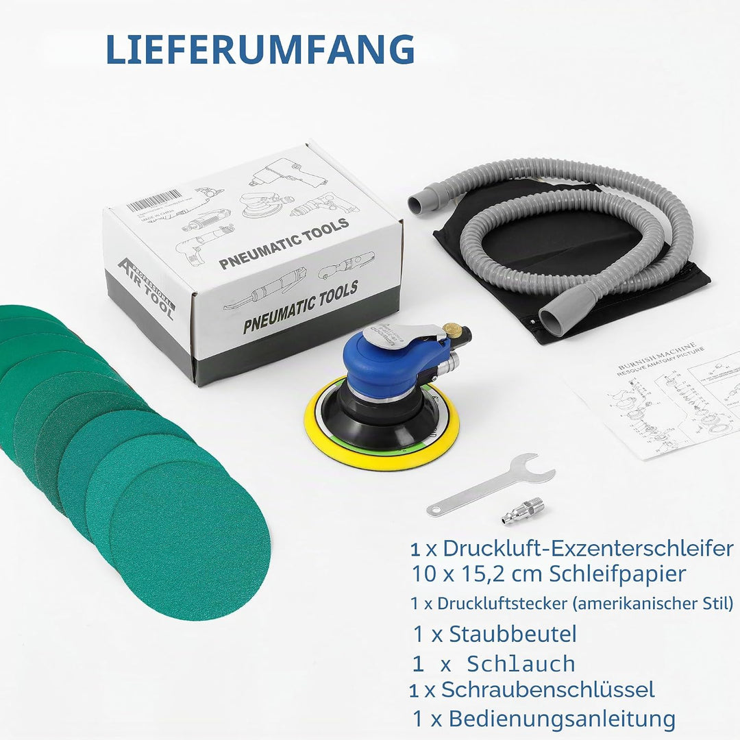 6 Zoll Luft-Random-Orbital-Schleifer mit Selbstabsaugung, Schlauch & Staubbeutel, 150mm pneumatische