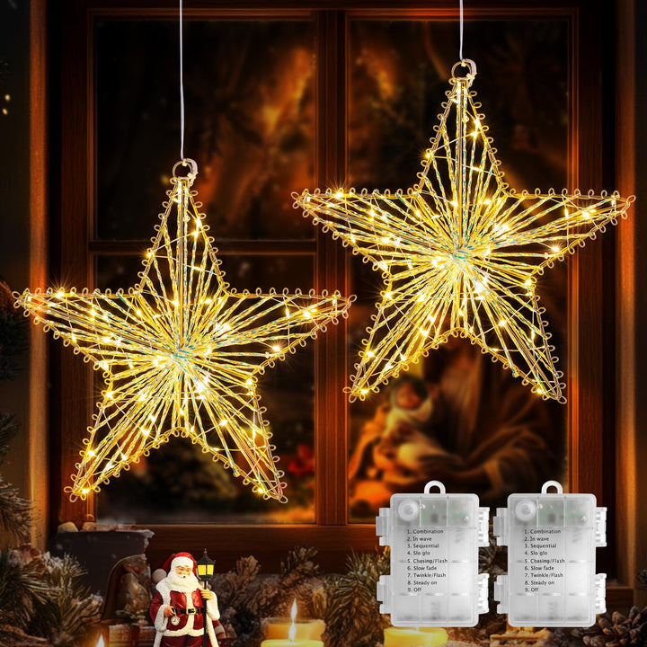 LED Weihnachtsstern Beleuchtung 2 Stück, Weihnachtsfenster Stern Weihnachtsvorhang Lichter batterieb