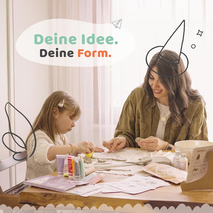 Töpferset für Zuhause ohne Brennen – 2 kg lufttrocknender Ton mit Acrylfarben Set, Werkzeug &amp; Anleit