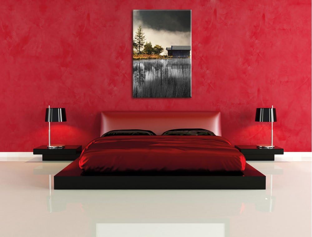 Pixxprint Häuschen am See mit Nebel / 100x70cm Leinwandbild bespannt auf Holzrahmen/Wandbild Kunstdr