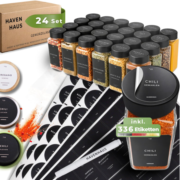 Gewürzgläser Set | hochwertiges Komplettset aus 24x Gewürz Gläser [120ml] inkl. 336 deutschen Gewürz