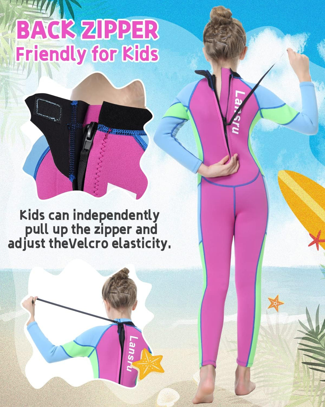 LANSRU Neoprenanzug Kinder Lang 2.5MM Neoprenanzug für Mädchen(25-30kg) Neopren Kinder Warmhalten UP