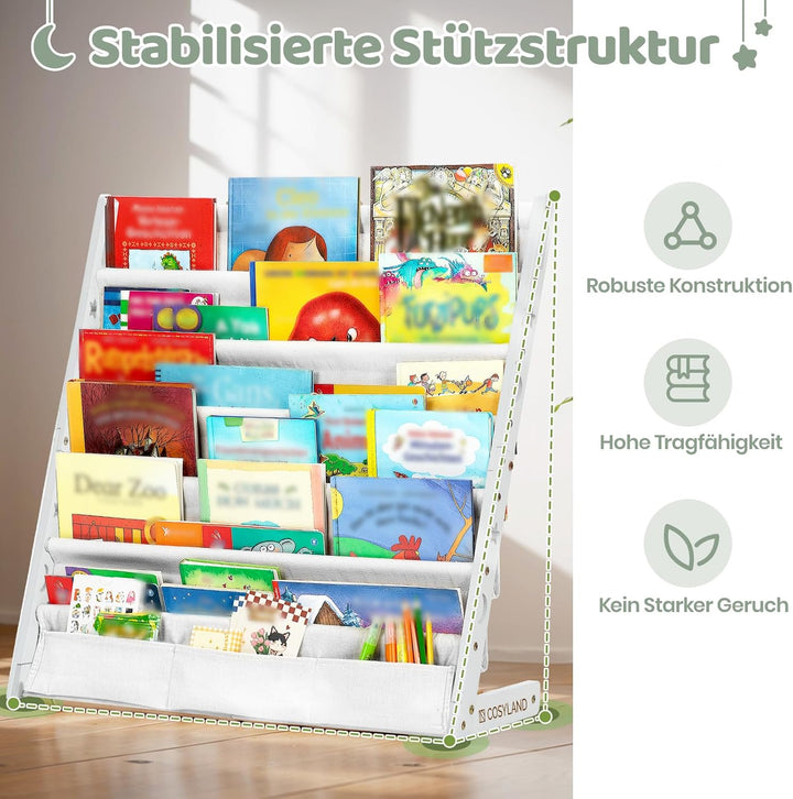 COSYLAND Bücherregal Kinder mit 6 Oxford-Stoff Fächern - Kinderbücherregal aus Naturholz - Bücherreg