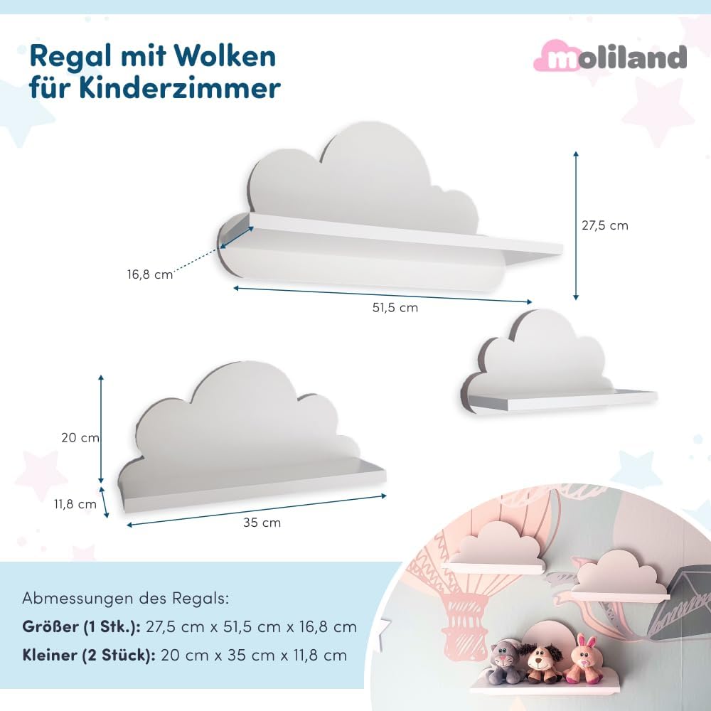 3er Set Wandregal Kinderzimmer Weiss | Babyzimmer Wolkenregal für Bücher, Spielzeug, Dekoration | Re