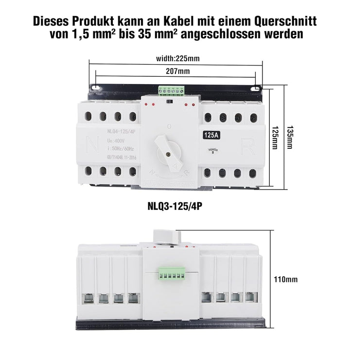 Dual Power Automatischer Transferschalter AC 400V 4P 125A ATS CB Automatik Notstrom Netz Umschalter