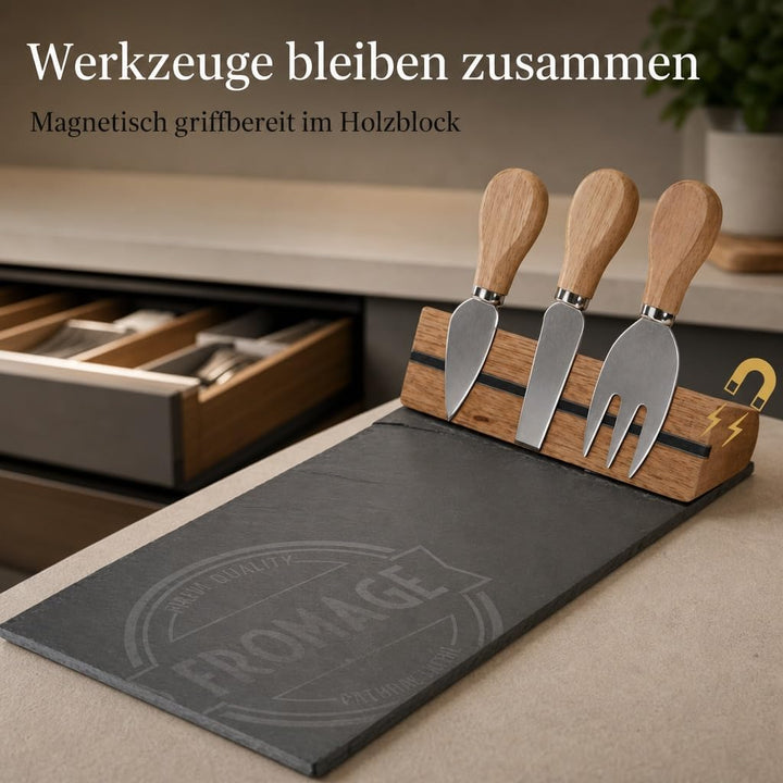 MIJOMA 4-TLG Set Holz-Käsebrett mit Käsemesser und Käsegabel, Käseplatte Käsebrettchen, 26 x 37 cm