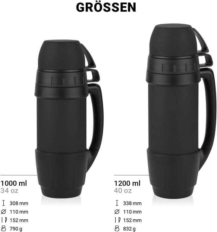 720°DGREE Thermoskanne mit 2 Bechern “bigBoy“ 1,2 Liter - Auslaufsicher, Robust - Premium Edelstahl