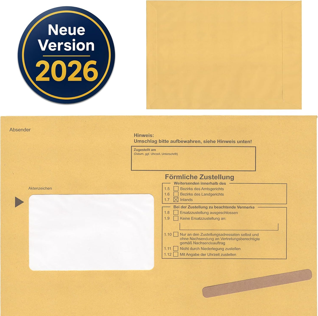 Postzustellungsumschläge C4 „ Förmliche Zustellung “ - Postzustellungshüllen C4 mit Fenster (229 x 3