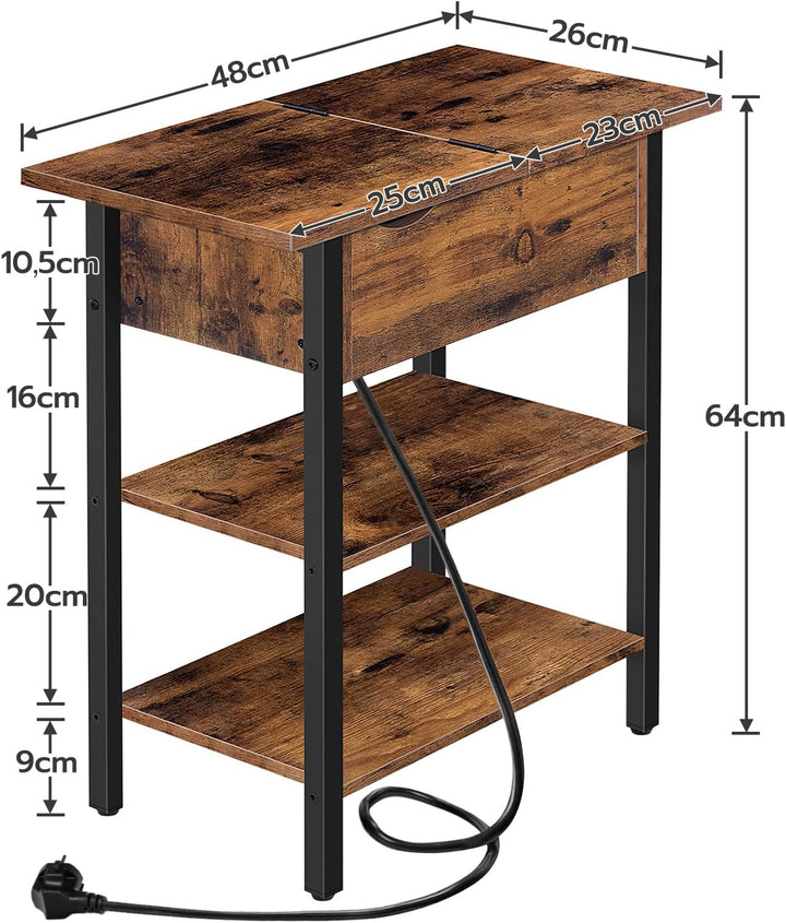 HOOBRO Beistelltisch, Flip-Top Sofatisch mit Ladestation und Ablagefläche, Schmaler Nachttisch für k