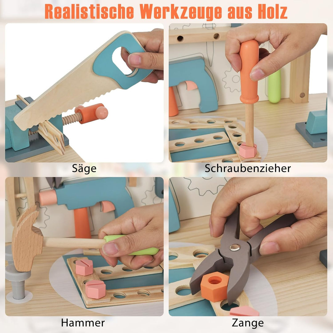 COSTWAY Werkzeugbank für Kinder, Spielwerkbank Holz mit magnetischem Gestell, Ablageregal & Zubehör,