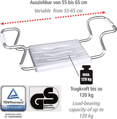 WENKO Badewannensitz Secura Weiss - ausziehbar, 120 kg Tragkraft, Kunststoff, 55-65 x 18 x 26 cm,