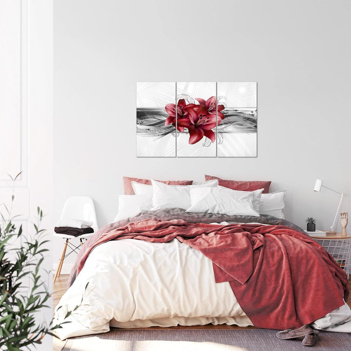 Runa Art Wandbilder Blumen Lilien Bild XXL Wohnzimmer Schlafzimmer Grau Rot Abstrakt 120 x 80 cm 3 T