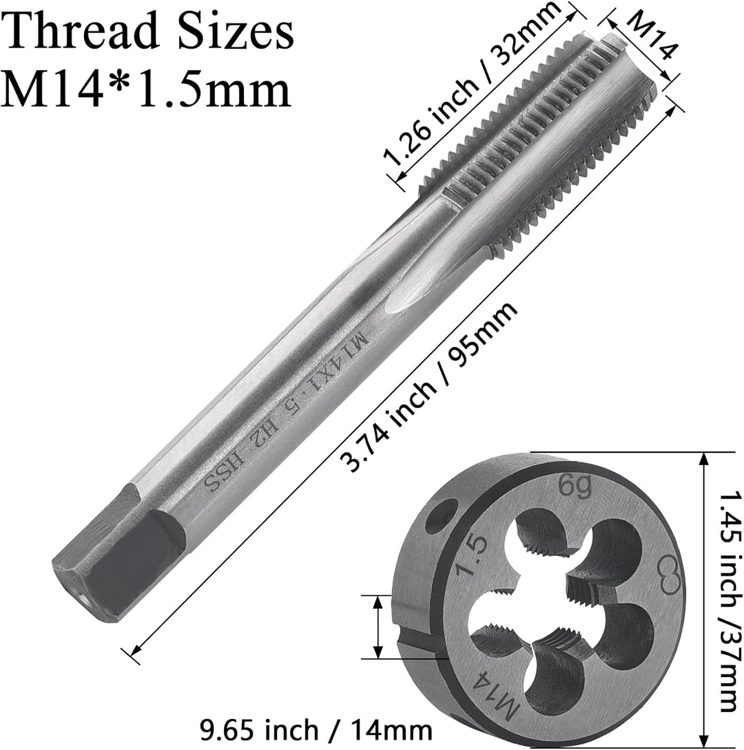 Gewindeschneid M14 x 1.5mm, HSS Gewindebohrer und Schneideisen Set, Rechtsgewinde Feingewinde Schnei