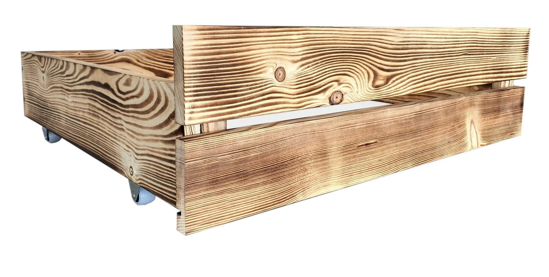 Palettenbett M2 2 x Bettschubladen Geflammt 30cm | Bettkästen Holzbett kisten Massivholzbett Geflamm