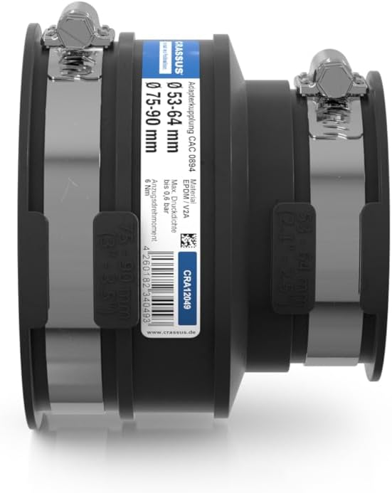 Crassus CRA12049 Adapterkupplung CAC 0894 (75-89mm auf 53-64mm), EPDM / V2A, Schwarz, 75-89 mm auf 5